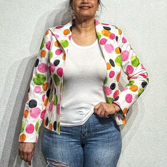 Randy Kemper White Polka Dot Open Front Blazer Sz 6 - Picture 1 of 11